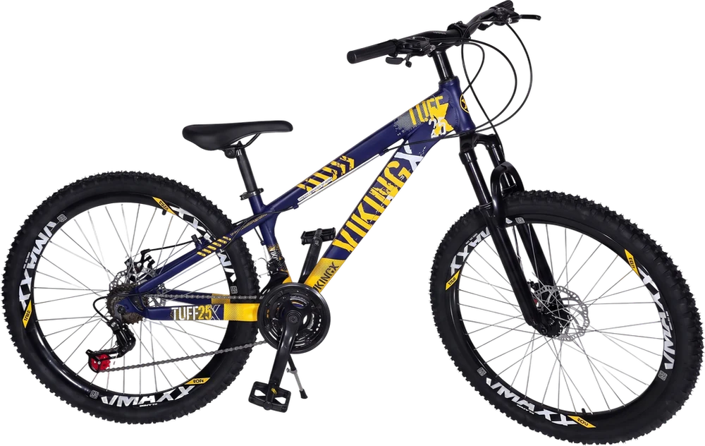 Bicicleta Viking X aro 26 azul e amarela, com marchas, suspens&atilde;o e freio a disco